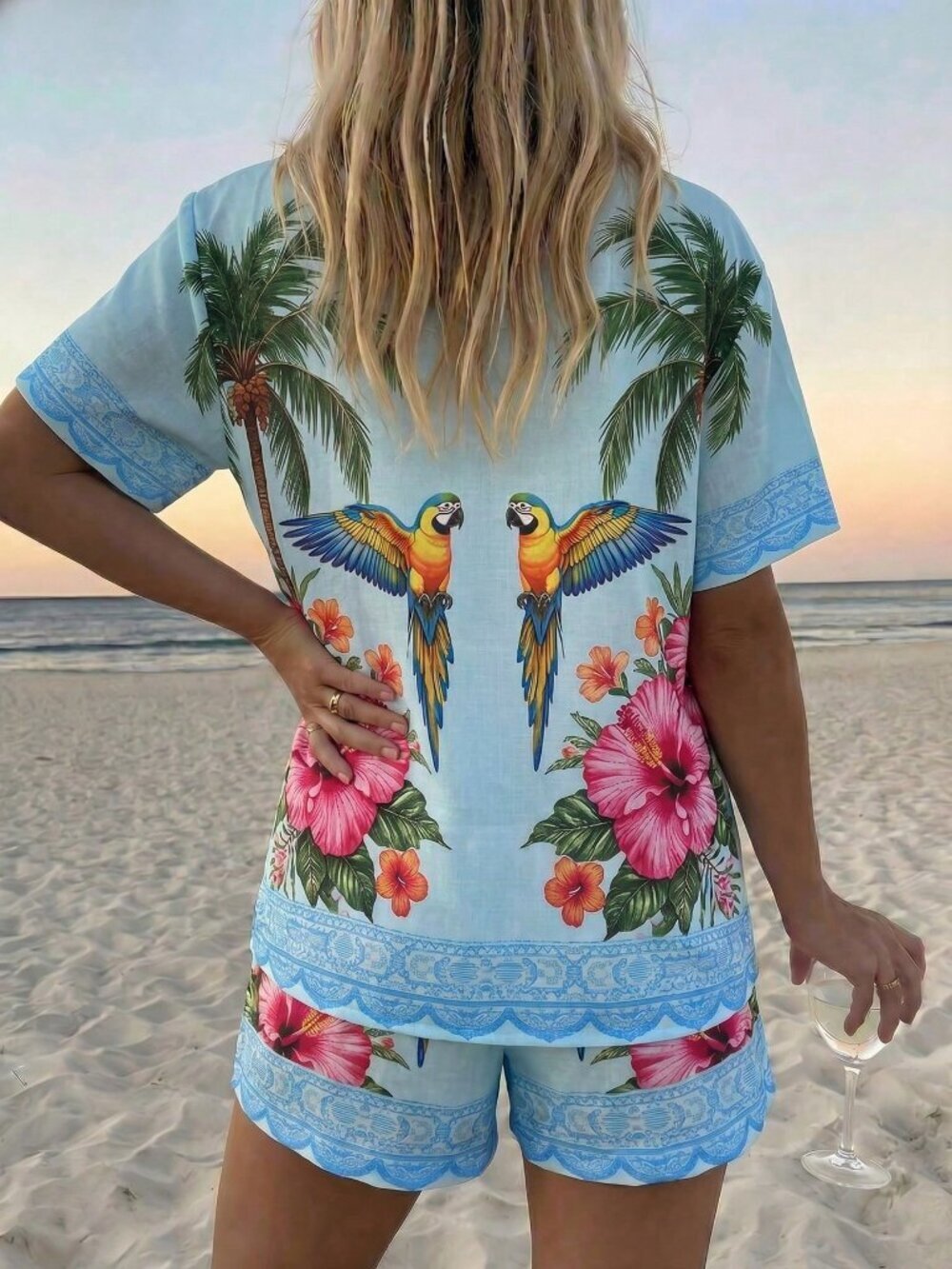 Baby Blue Boho Women's Casual Coconut Tree Floral Print Top and Shorts Set - Picture 2 of 5